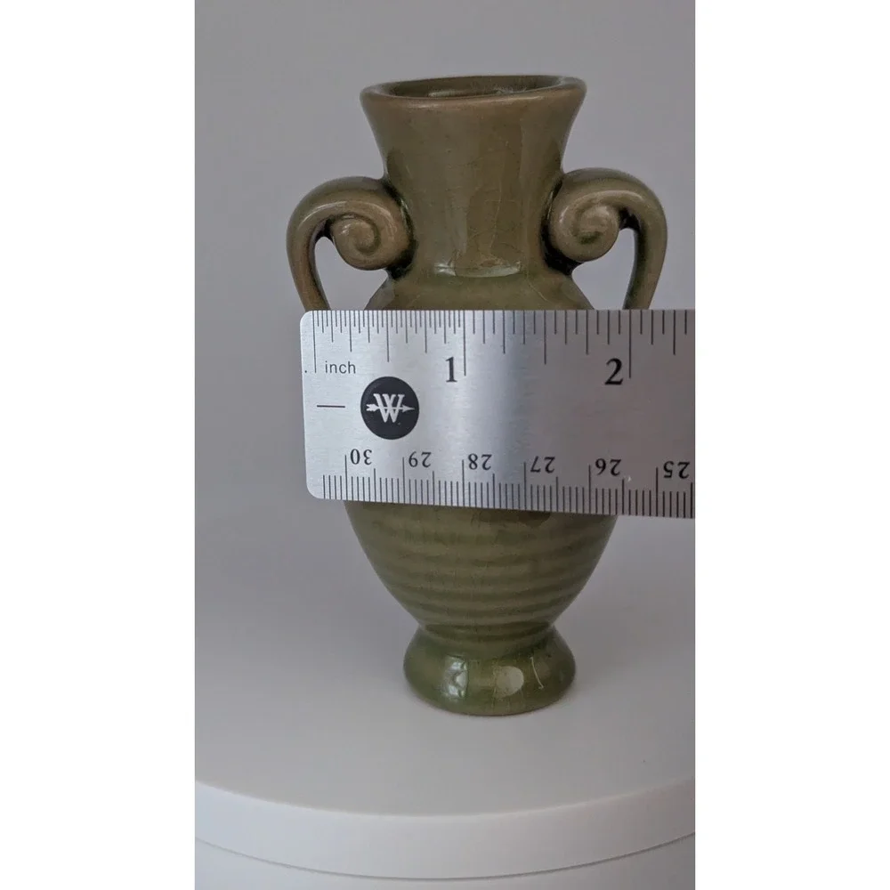 Vintage Green Ceramic Bud Vase Double Spiral Handles Ribbed Crackle Glaze 4